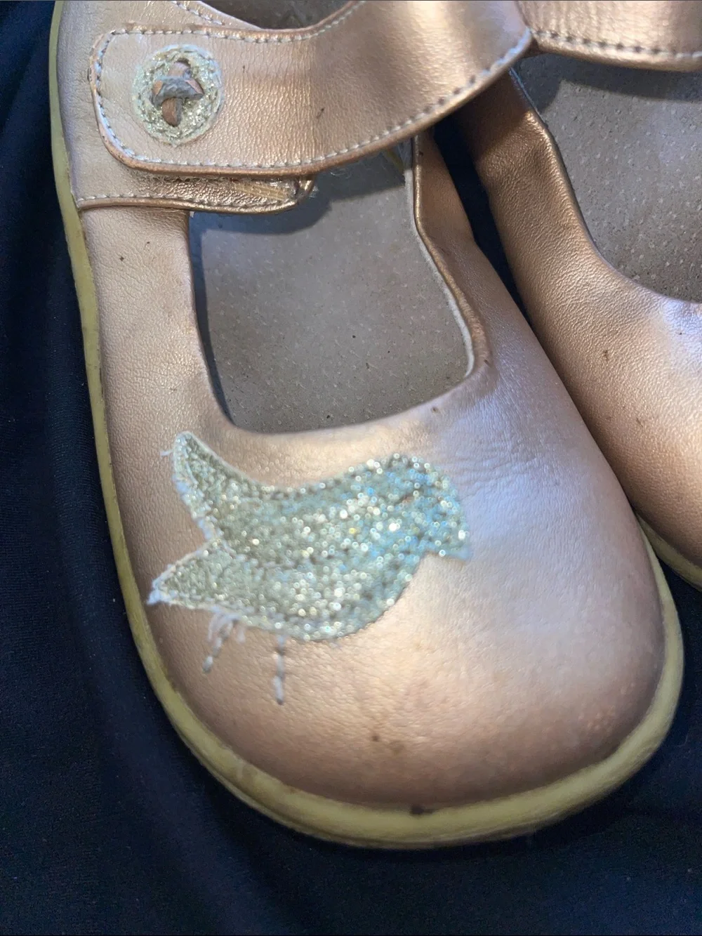 Livie and Luca Girls Metallic Rose Gold Mary Jane Shoes with Bird Detail